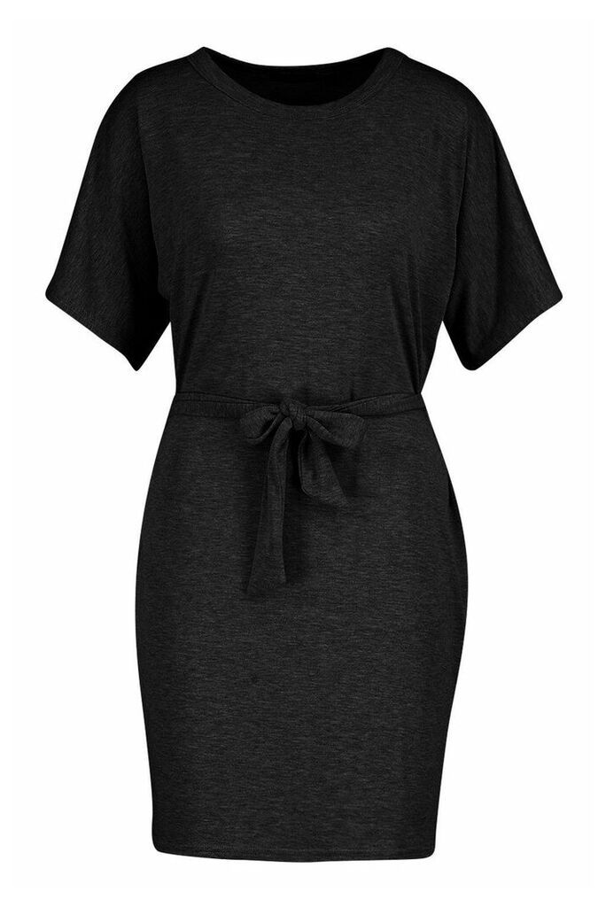 Womens Belted Jersey T-Shirt Dress - Black - 14, Black