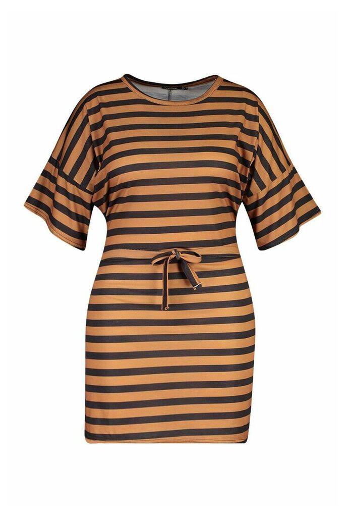 Womens Plus Tie Waist Striped T-Shirt Dress - beige - 18, Beige