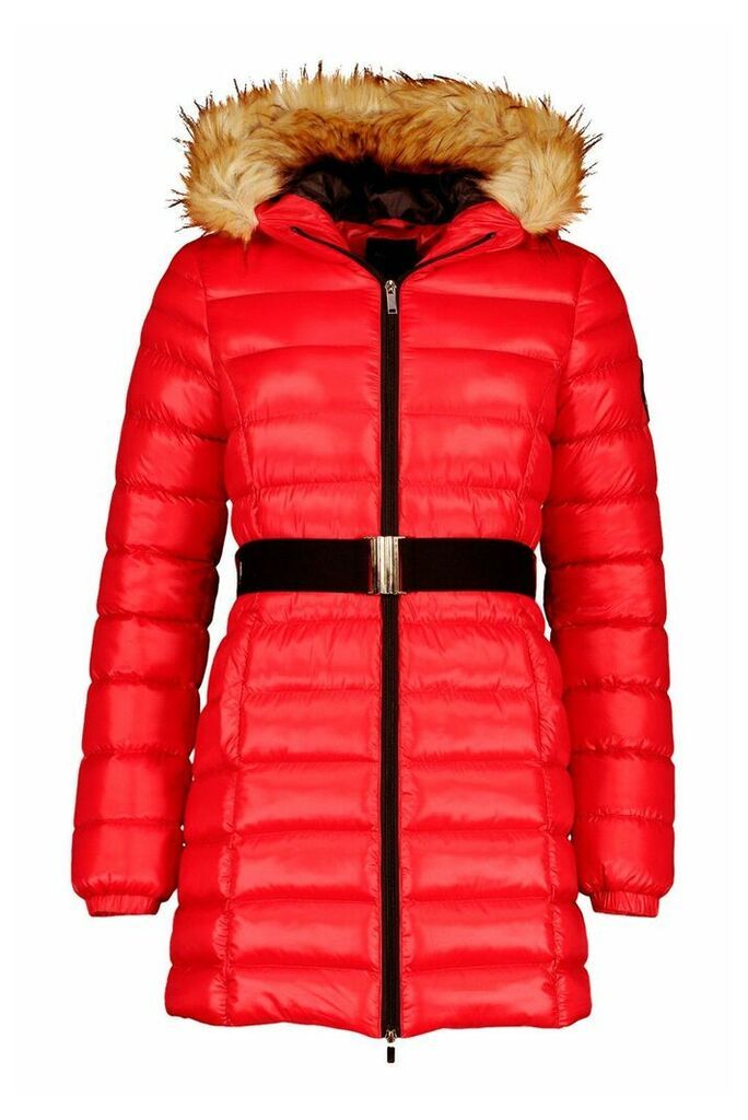 Womens Cire Longline Belted Parka - red - 14, Red