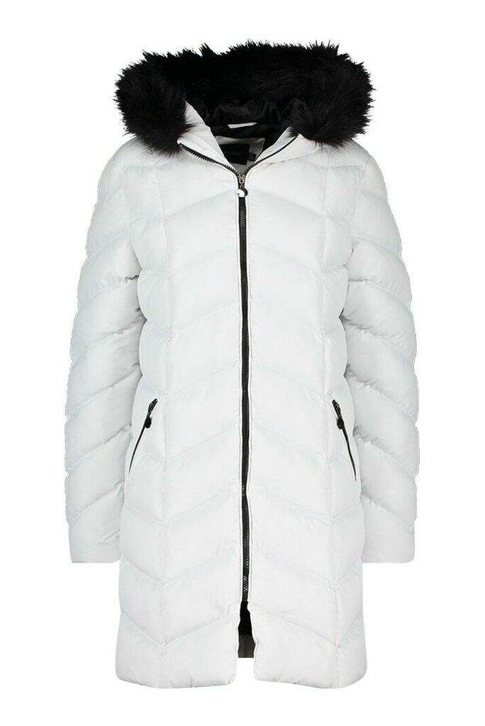 Womens Faux Fur Hooded Panelled Parka - white - 14, White
