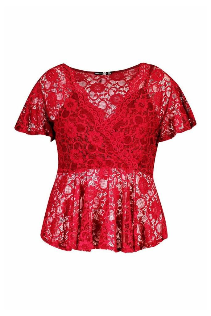 Womens Plus Lace Wrap Peplum Top - Red - 28, Red