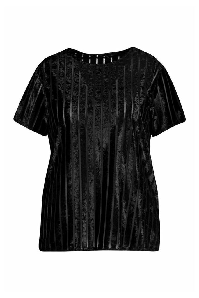 Womens Plus Velvet Wide Stripe Boxy T-Shirt - black - 20, Black