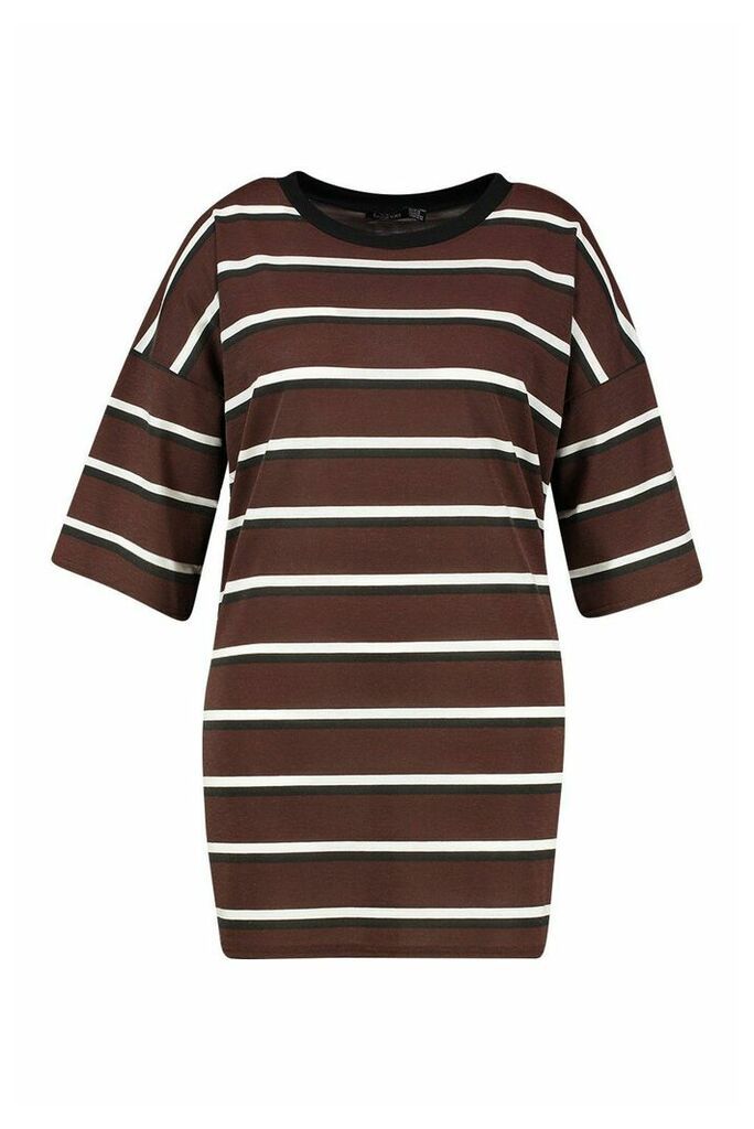 Womens Plus Striped Ringer T-Shirt Dress - Brown - 16-18, Brown