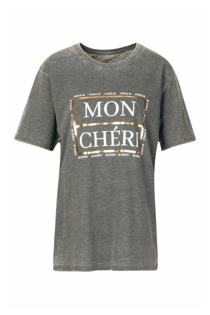 Womens Petite French Slogan Acid Wash T-Shirt - grey - M, Grey