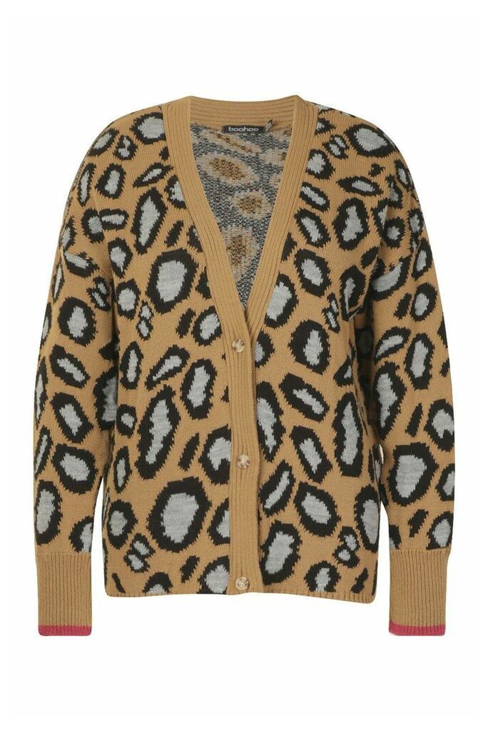Womens Plus Leopard Button Oversized Cardigan - beige - 18, Beige