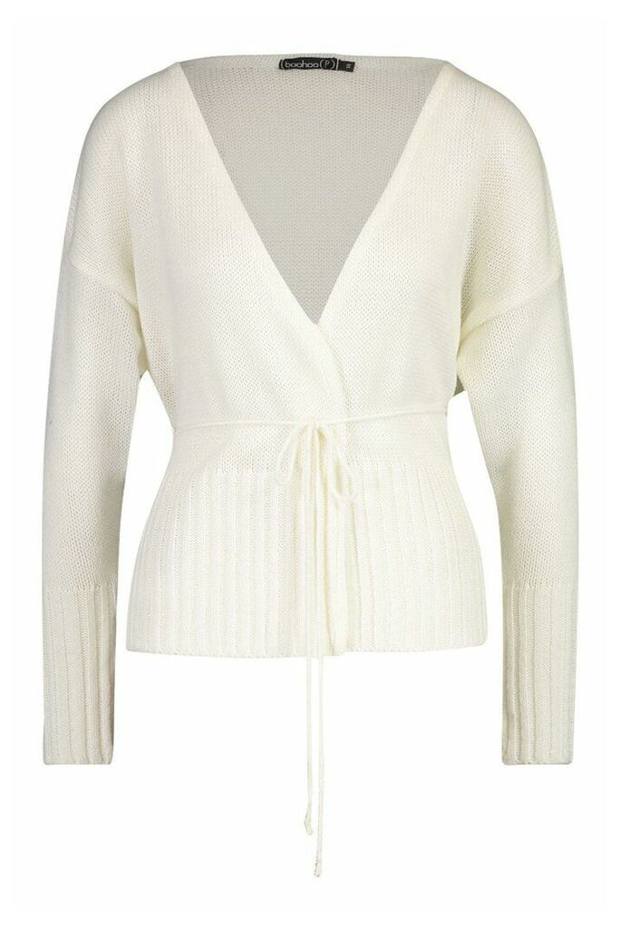 Womens Petite Rib Hem Tie Detail Cardigan - white - L, White