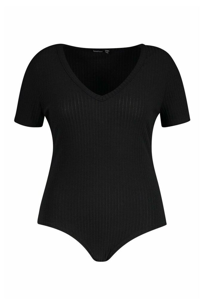 Womens Plus Soft Rib V Neck T-Shirt Bodysuit - black - 26, Black