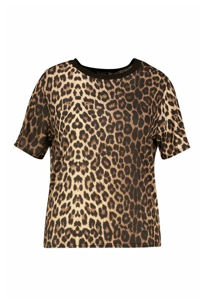 Womens Plus Leopard Print Ringer T-Shirt - Brown - 18, Brown