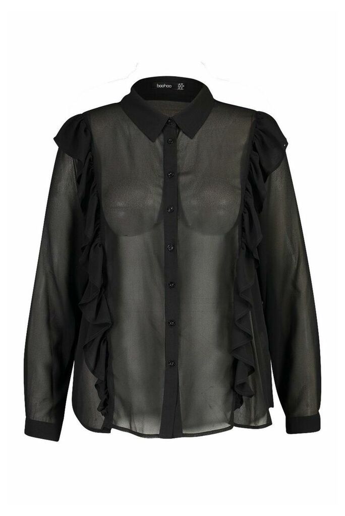 Womens Plus Ruffle Detail Strap Hem Shirt - black - 16, Black