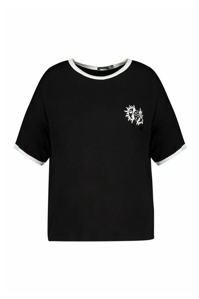 Womens Plus Sun and Moon Print Ringer T-Shirt - black - 18, Black