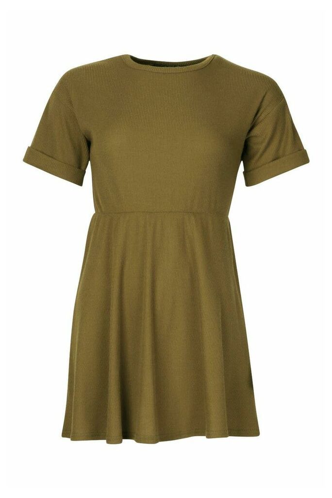 Womens Petite Knitted Rib Turn Up Sleeve Smock Dress - Green - 4, Green