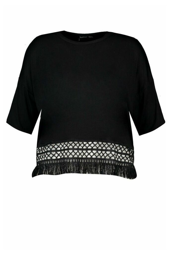 Womens Plus Crochet Tassel Beach T-Shirt - black - 16, Black