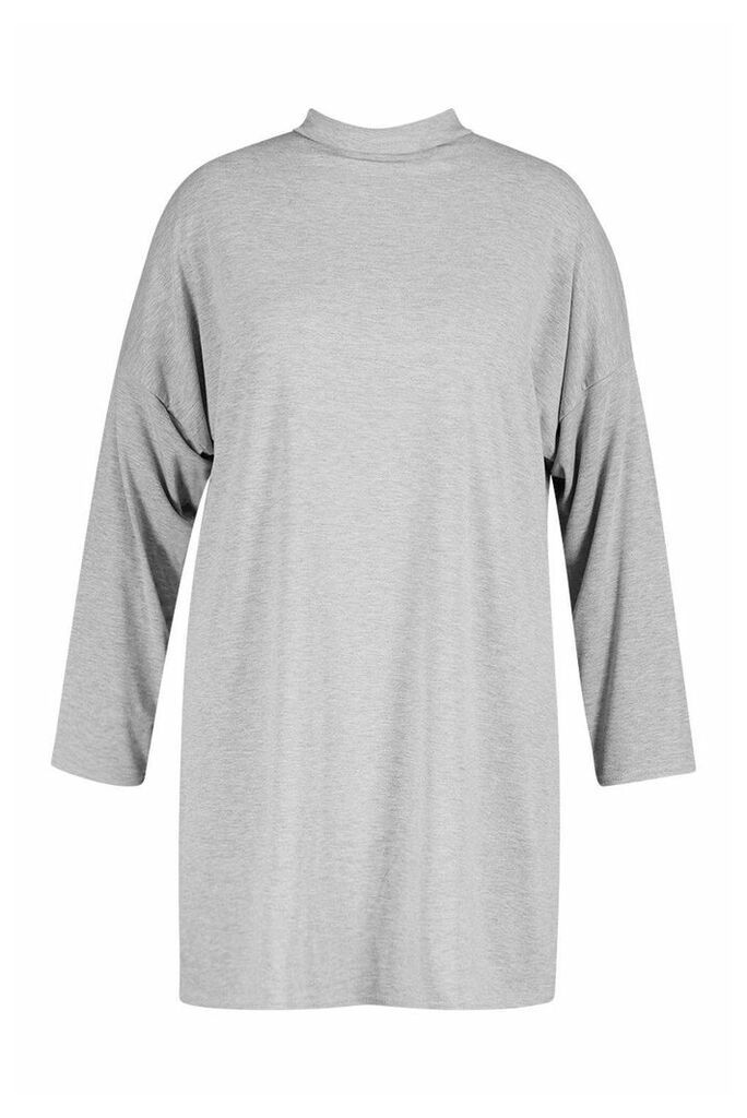 Womens Plus High Neck Drop Shoulder Sleeved T-Shirt Dress - Grey - 16, Grey