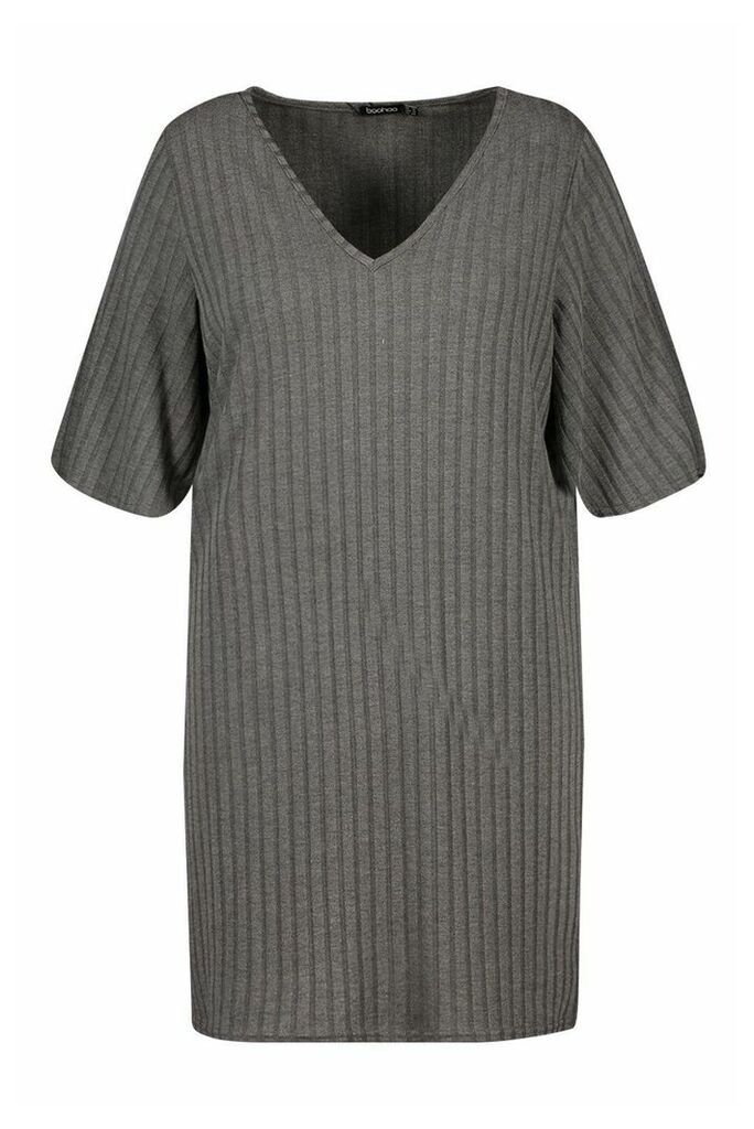 Womens Plus Split Sleeve Ribbed T-Shirt Dress - Grey - 26, Grey