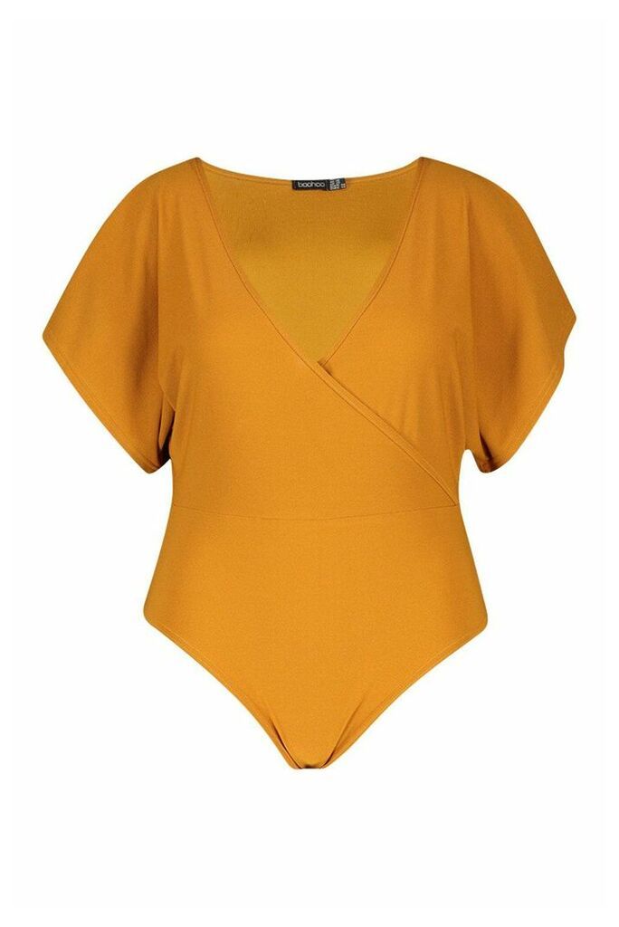 Womens Plus Wrap Short Sleeve Bodysuit - yellow - 22, Yellow