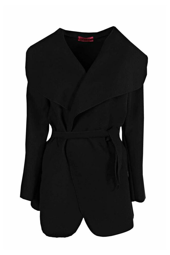 Womens Short Belted Waterfall Coat - black - One Size, Black