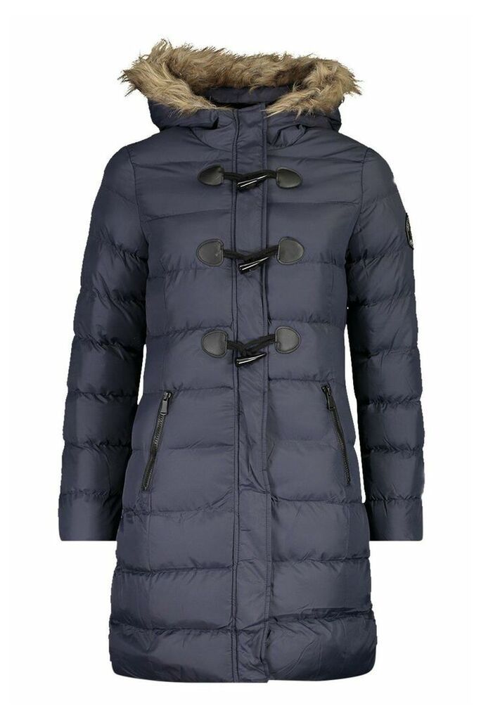 Womens Quilted Faux Fur Hood Parka - navy - 8, Navy