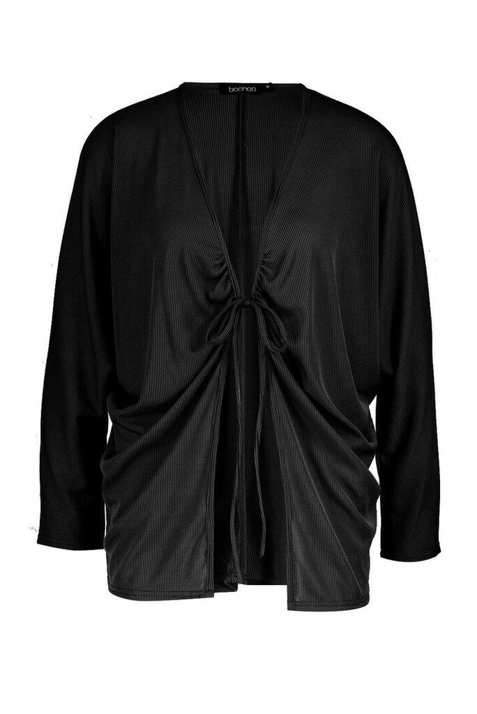 Womens Ruched Tie Front Ribbed Kimono - black - S, Black