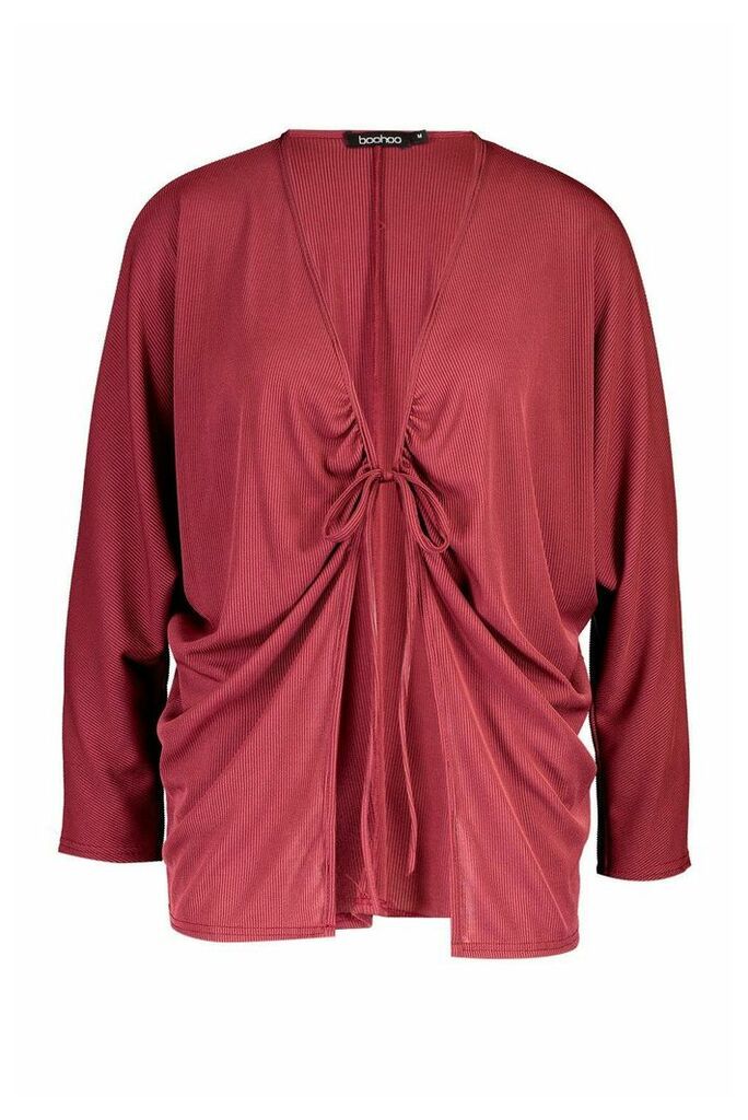 Womens Ruched Tie Front Ribbed Kimono - red - M, Red