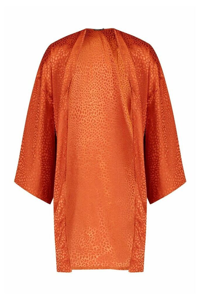 Womens Leopard Jacquard Satin Midi Kimono - orange - S, Orange