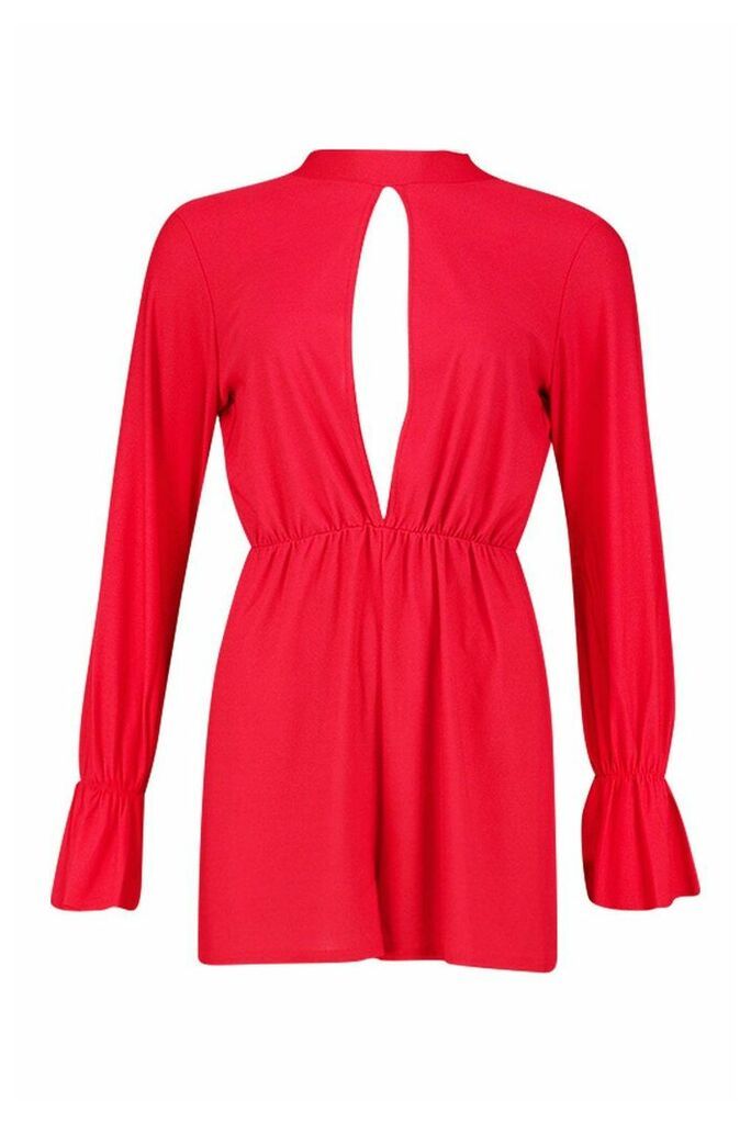 Womens Split Front Flared Sleeve High Neck Playsuit - 16, Red