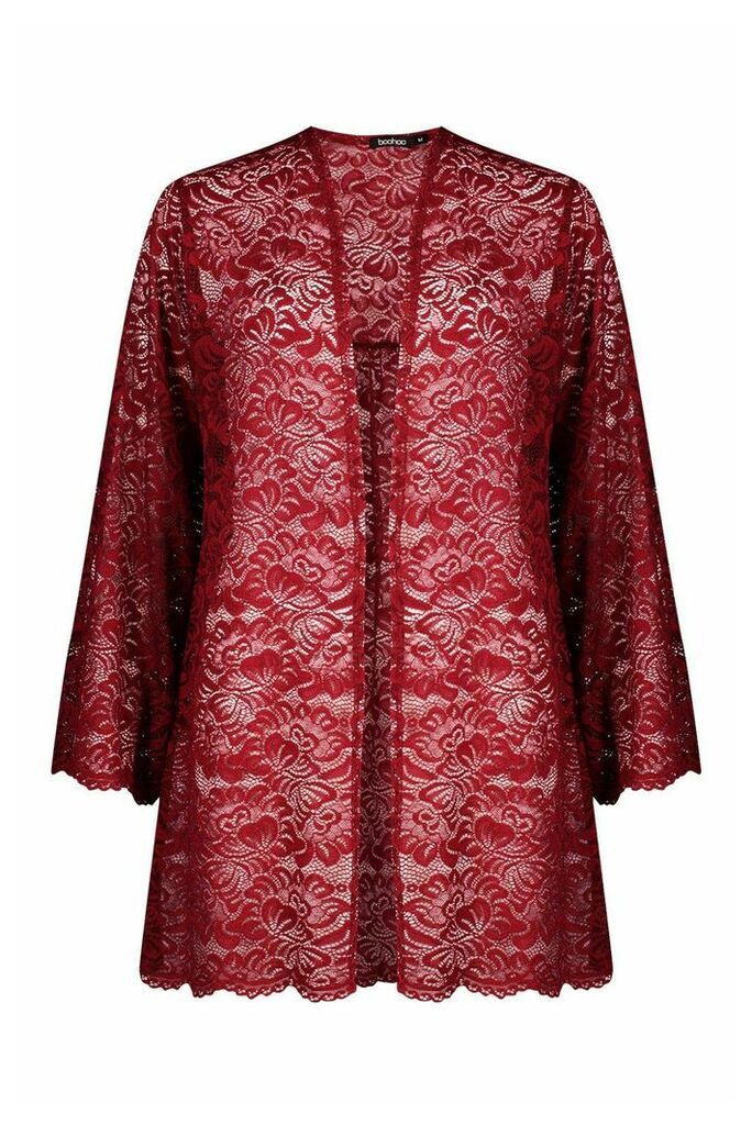 Womens Lace Wide Sleeve Kimono - red - S, Red