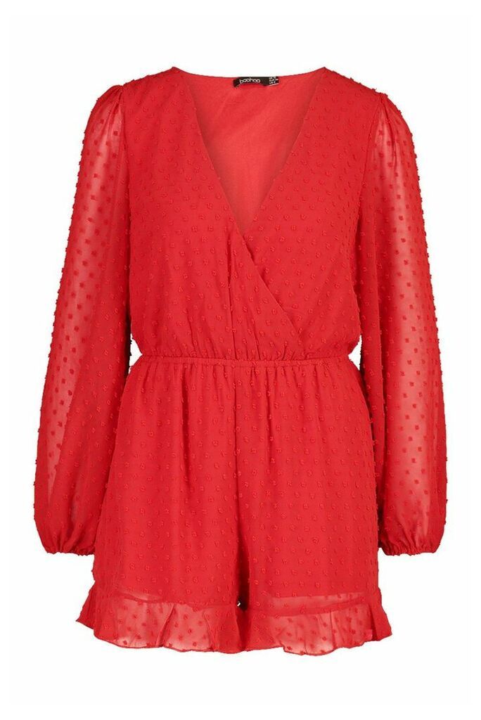 Womens Wrap Dobby Mesh Blouson Sleeve Playsuit - Red - 12, Red