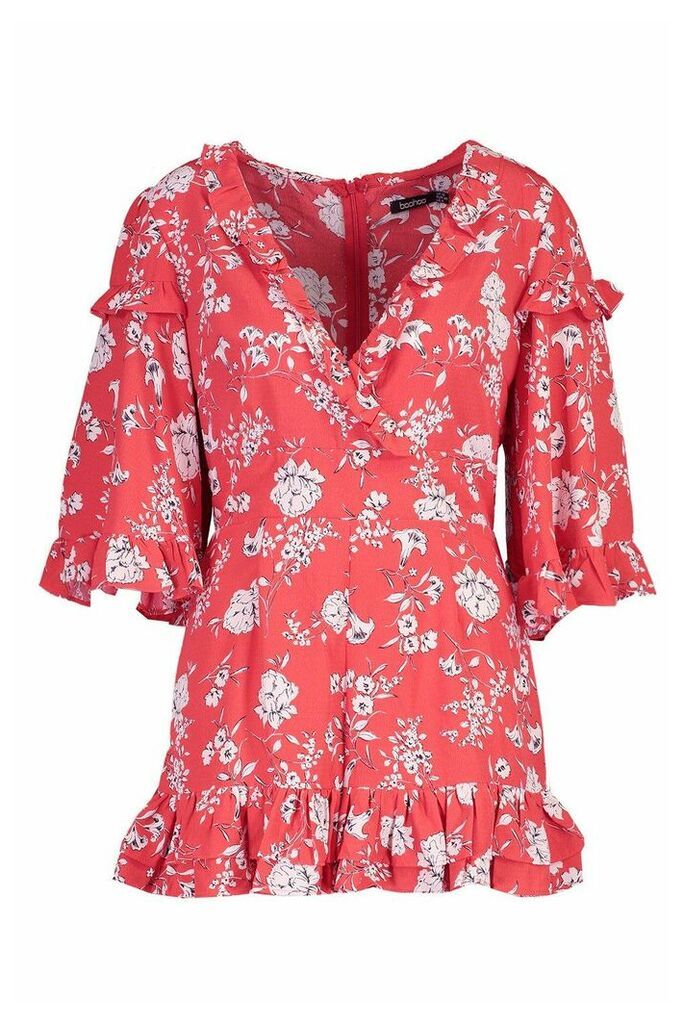 Womens Ruffle Floral Flared Sleeve Playsuit - 16, Red