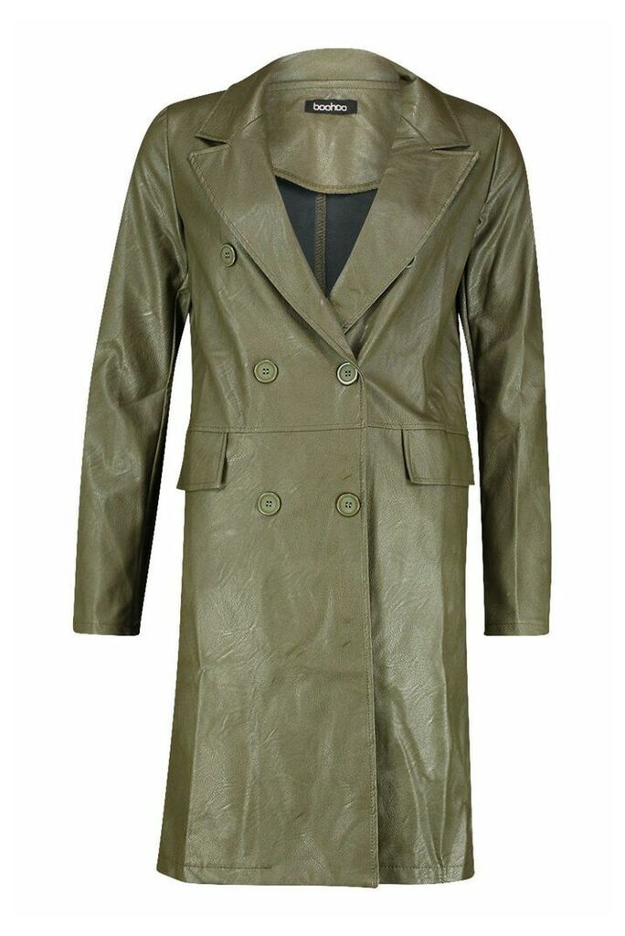 Womens Faux Leather Double Breasted Coat - green - 8, Green