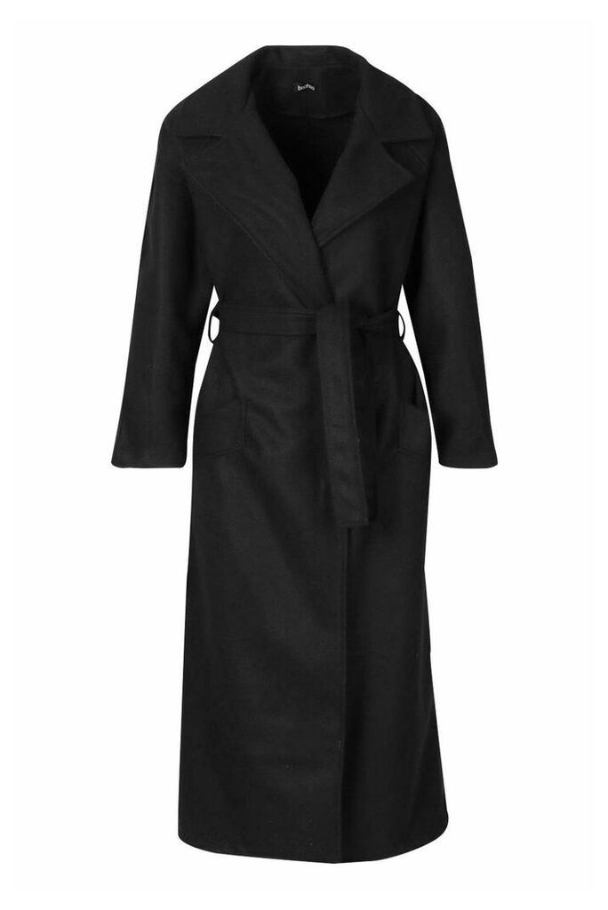 Womens Belted Wool Look dressing gown Coat - black - 12, Black