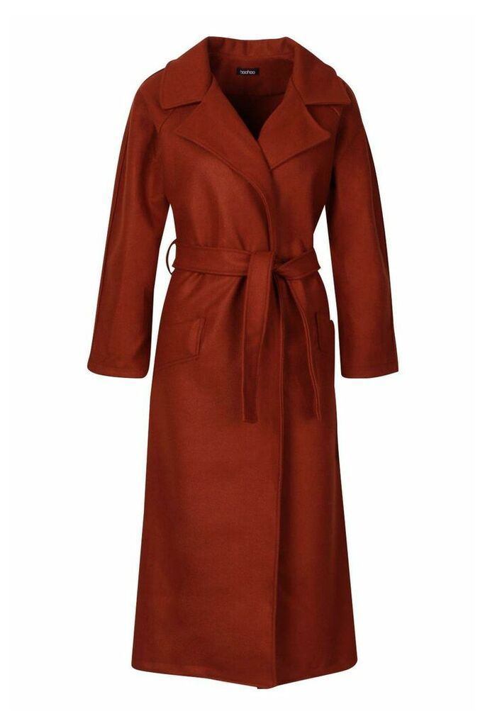Womens Belted Wool Look dressing gown Coat - brown - 14, Brown