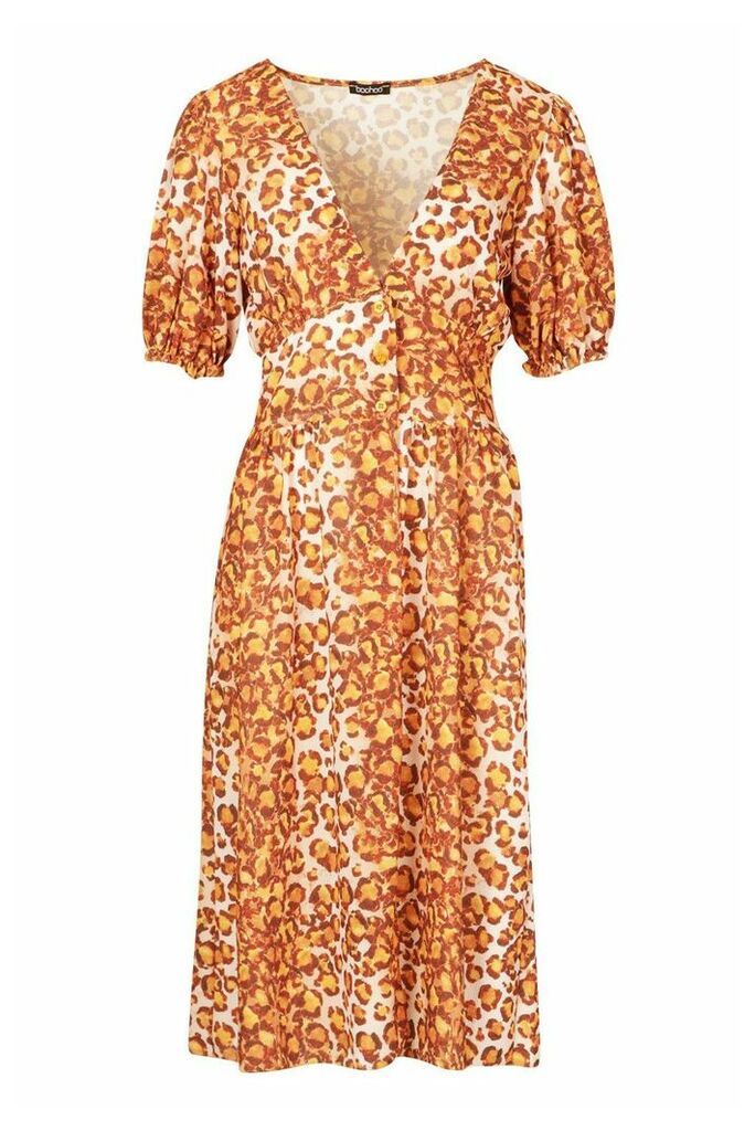 Womens Leopard Print Puff Sleeve Kimono - beige - S/M, Beige