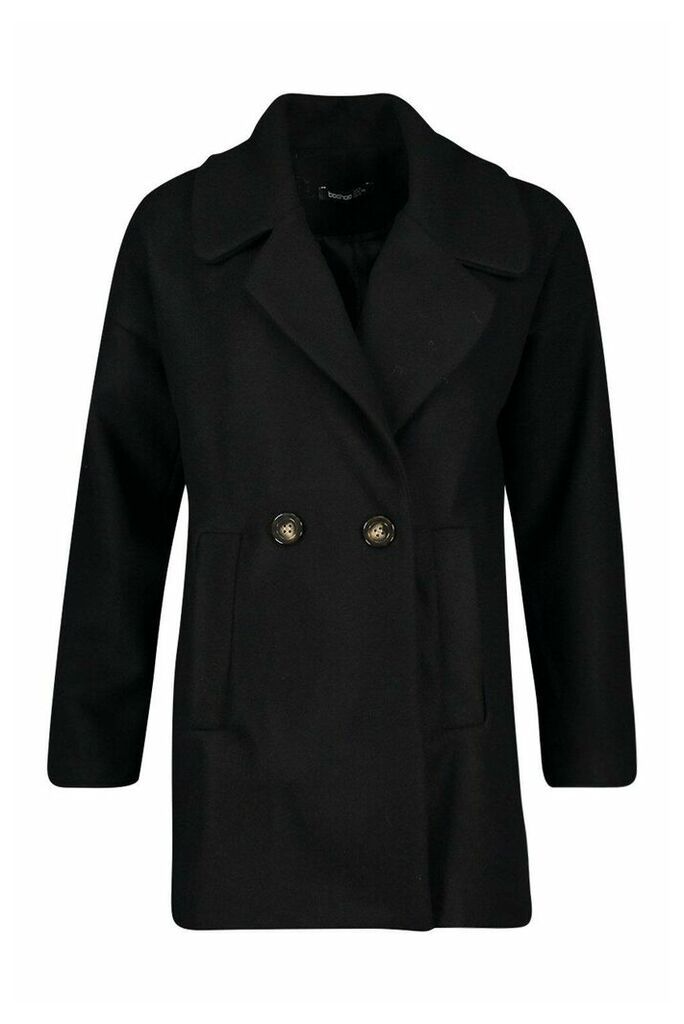 Womens Oversized Collared Wool Look Coat - black - 12, Black