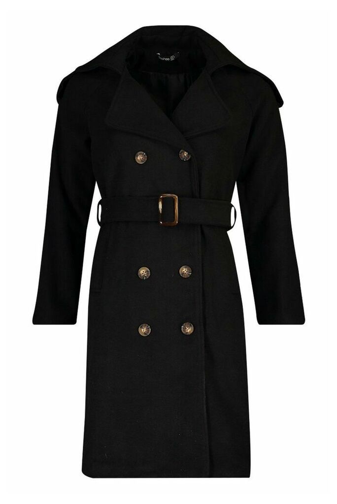 Womens Double Breasted Trench Wool Look Coat - Black - 8, Black