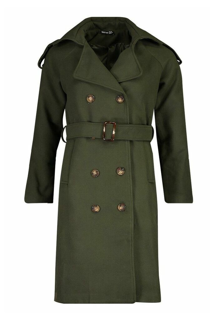 Womens Double Breasted Trench Wool Look Coat - Green - 12, Green