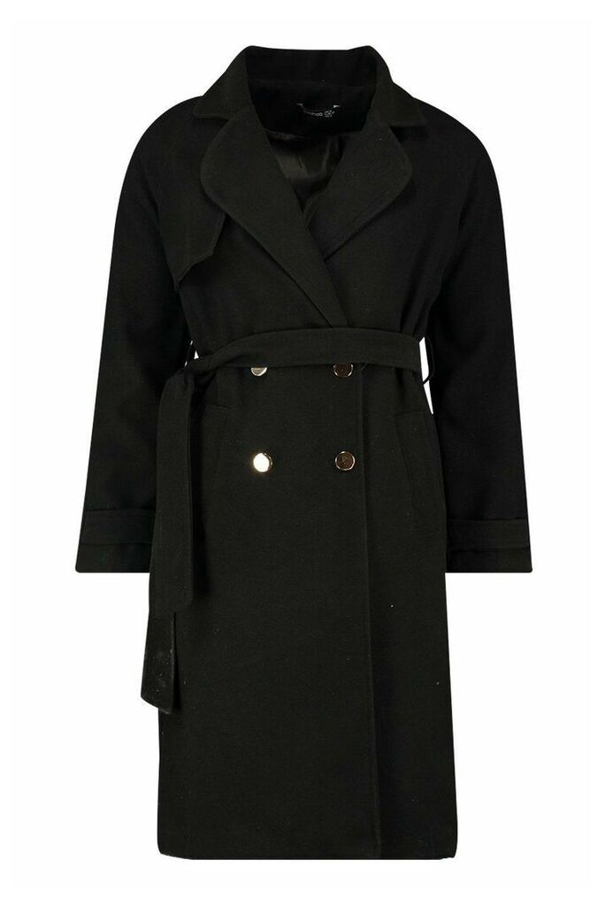 Womens Belted Military Double Breasted Trench Coat - black - 10, Black