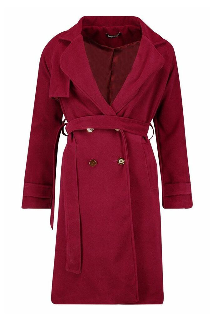Womens Belted Military Double Breasted Trench Coat - red - 12, Red
