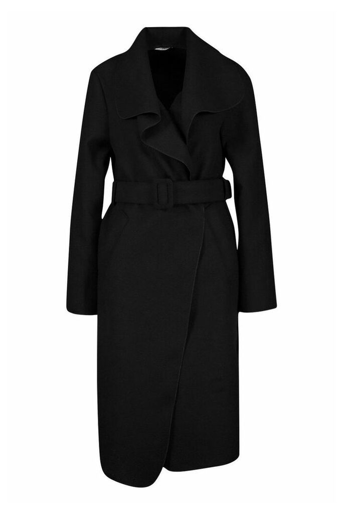 Womens Self Fabric Buckle Belted Wool Look Coat - black - S, Black