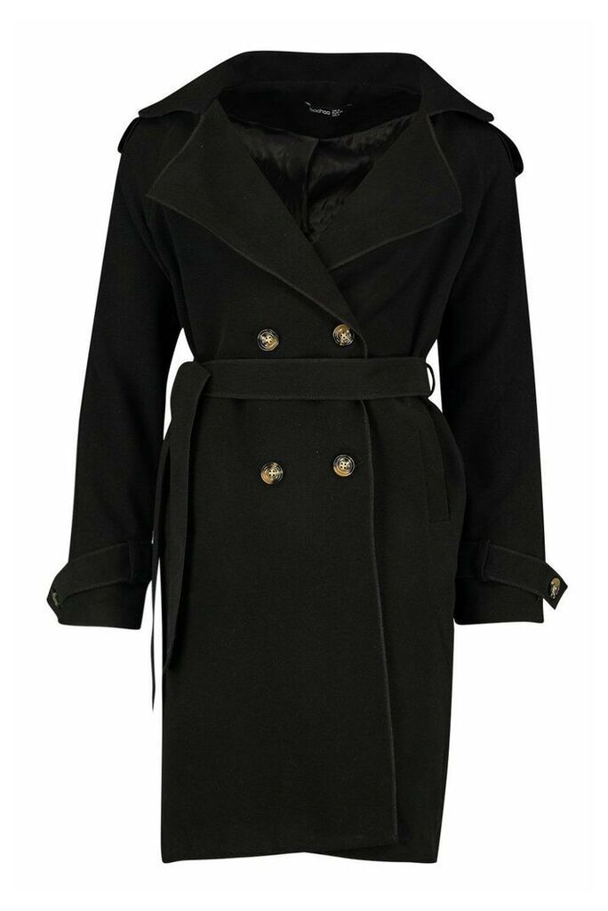 Womens Belted Double Breasted Wool Look Trench Coat - black - 12, Black