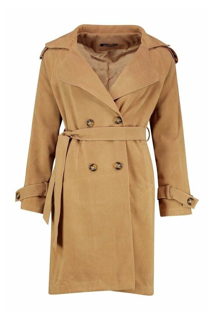 Womens Belted Double Breasted Wool Look Trench Coat - beige - 12, Beige
