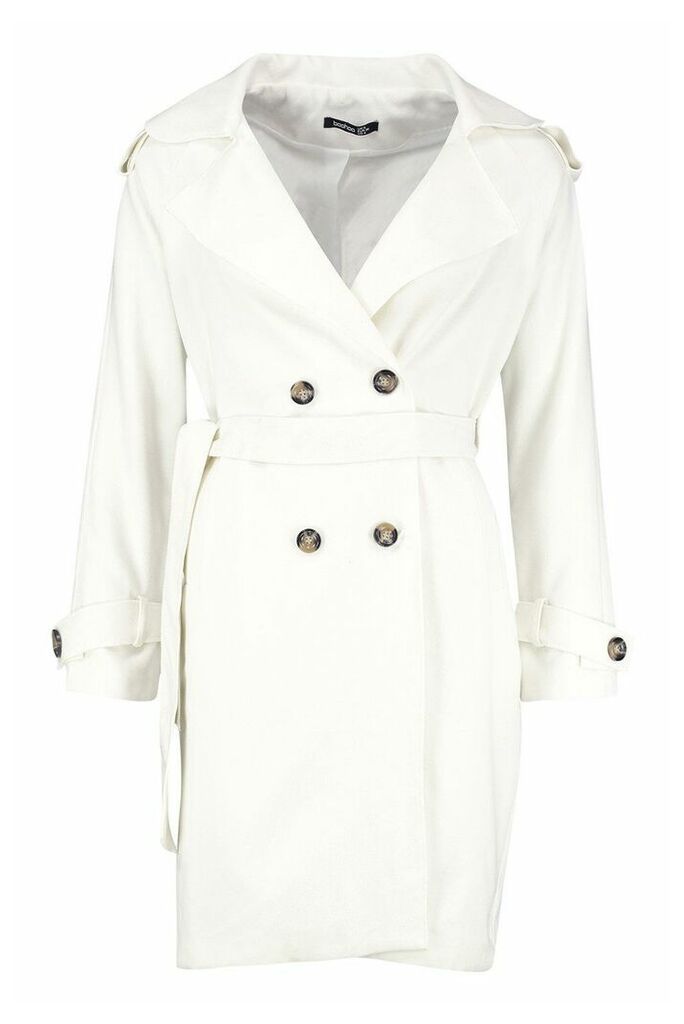 Womens Belted Double Breasted Wool Look Trench Coat - white - 12, White