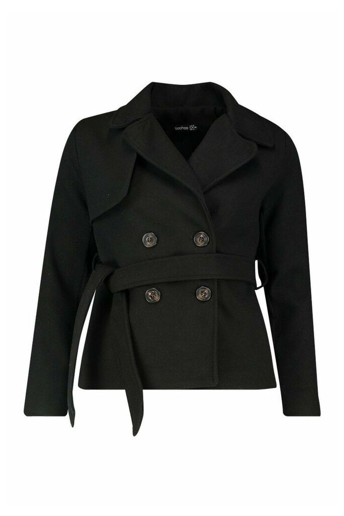 Womens Belted Wool Look Short Trench Coat - black - 12, Black