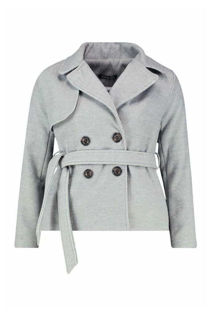 Womens Belted Wool Look Short Trench Coat - grey - 12, Grey
