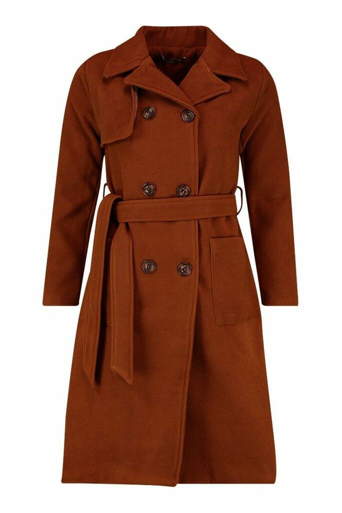 Womens Longline Pocket Detail Wool Look Trench Coat - brown - 8, Brown