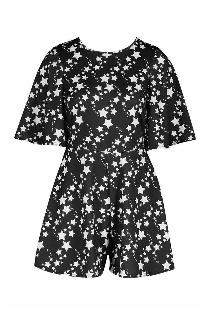 Womens Star Print Flared Sleeve Playsuit - black - 14, Black