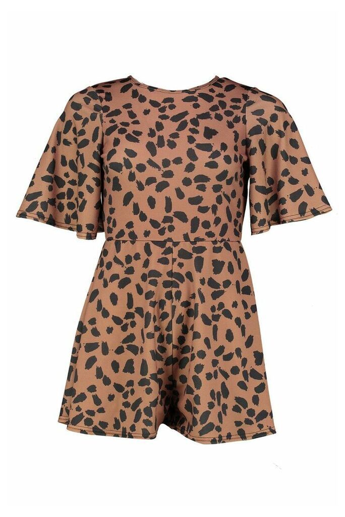 Womens Leopard Print Flared Sleeve Playsuit - brown - 14, Brown