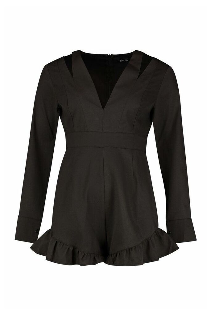 Womens Tailored Ruffle Hem Flared Sleeve Playsuit - black - 10, Black