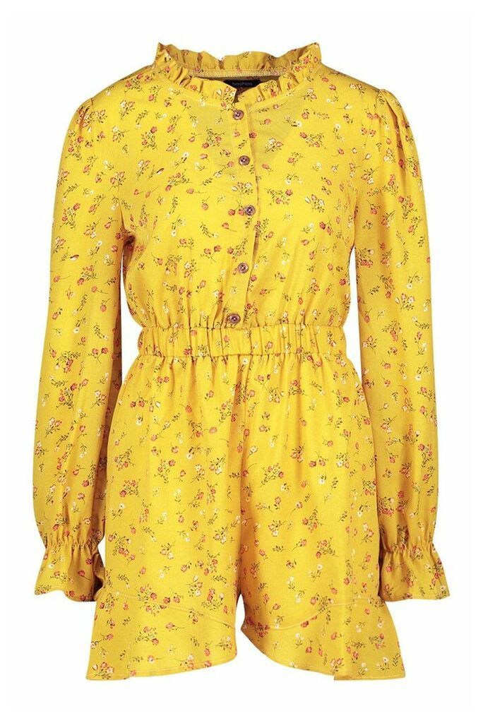 Womens Ditsy Floral Ruffle Playsuit - Yellow - 14, Yellow