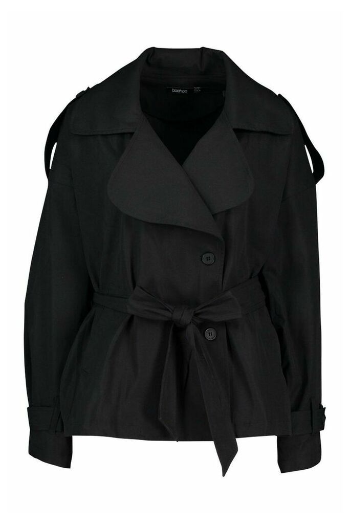 Womens Short Belted Trench Coat - black - 12, Black