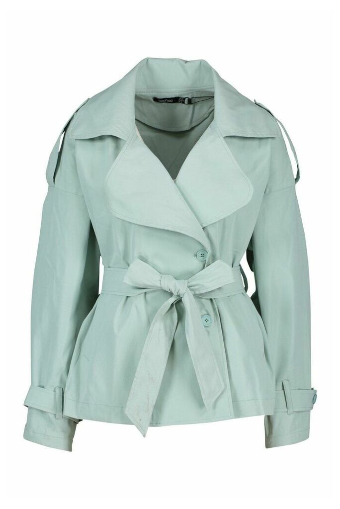 Womens Short Belted Trench Coat - green - 12, Green